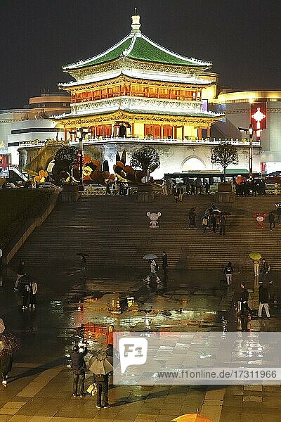 Illuminated Bell Tower  Bell Tower at night  Xi'An  capital of Shaanxi Province  People's Republic of China