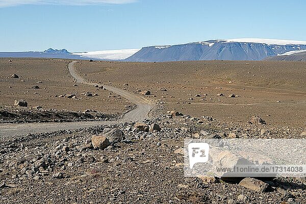 Lonely gravel road through volcanic landscape  volcanic desert  road F35  Kjalvegur  Kjölur  highlands  Iceland  Europe