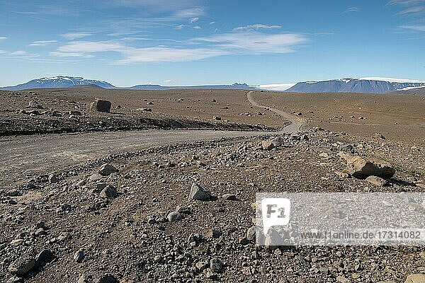 Lonely gravel road through volcanic landscape  volcanic desert  road F35  Kjalvegur  Kjölur  highlands  Iceland  Europe