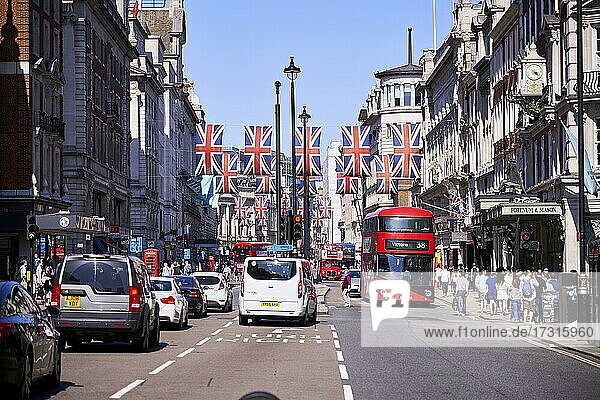 Union Jack flag over Piccadilly  London  England  United Kingdom  Europe