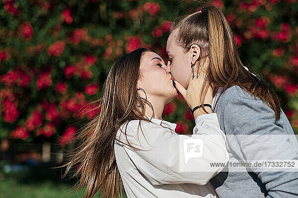 Zärtliches lesbisches Paar  das sich an einem sonnigen Tag küsst