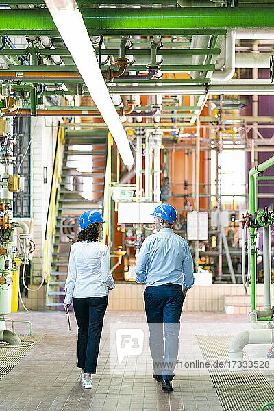 Weiblicher Ingenieur diskutiert mit männlichem Kollegen beim Spaziergang im Kraftwerk