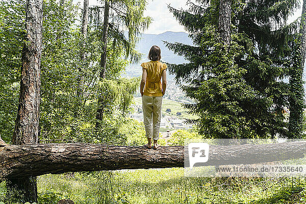 Woman looking at view while standing on fallen tree in forest
