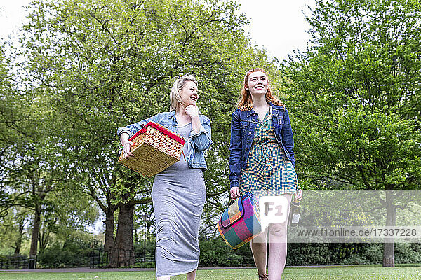 Lächelnde Freundinnen halten Picknickkorb und Decke beim Spaziergang im Park
