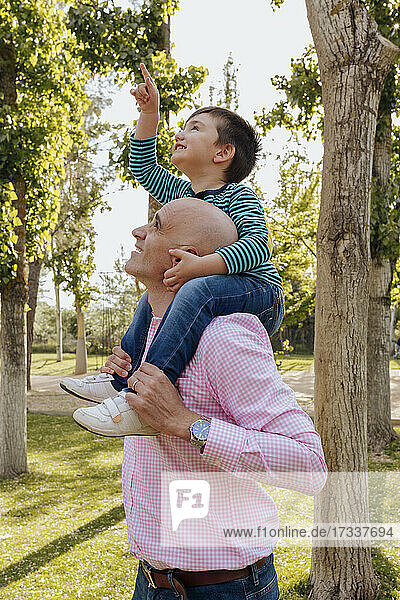 Vater trägt seinen Sohn auf den Schultern in einem öffentlichen Park