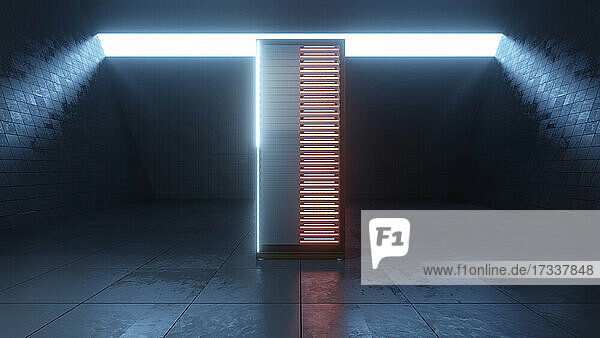 Three dimensional render of network server rack standing in dark room