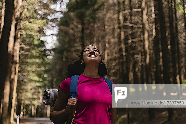 Lächelnde Wanderin  die beim Wandern im Wald nach oben schaut