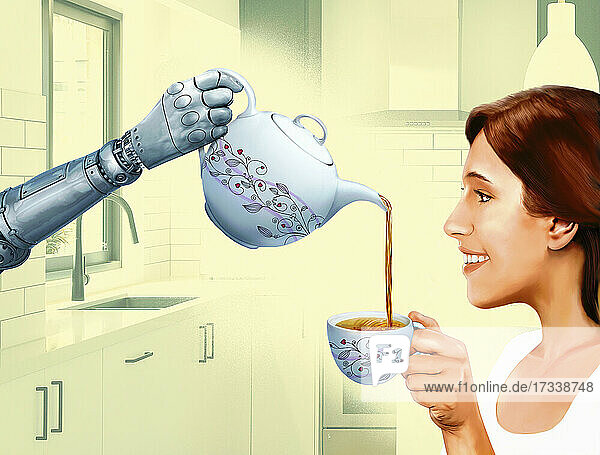 Roboterarm schenkt einer Frau Tee ein