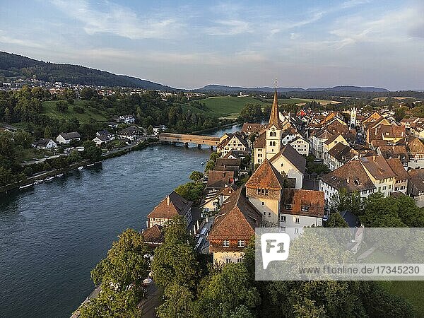 View over the old town of Diessenhofen to the Rhine with the historic wooden bridge  Canton Thurgau  Switzerland  Europe