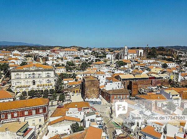 Aerial view of Silves with Moorish castle and historic cathedral  Algarve  Portugal  Europe