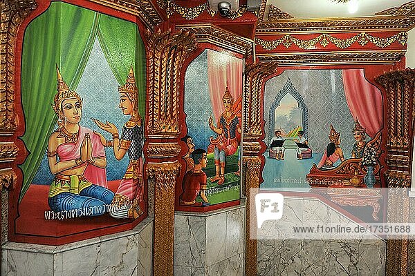 Temple room with coloured murals  Wat Chalong Buddhist monastery  Phuket island  Thailand  Asia