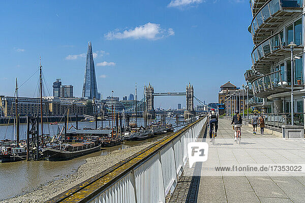 View of Tower Bridge and The Shard with Thames side apartments  London  England  United Kingdom  Europe