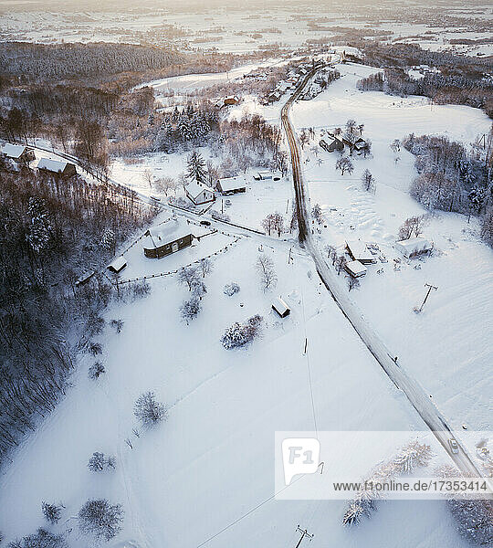 Poland  Subcarpathia  Odrzykon  Aerial view of village in winter