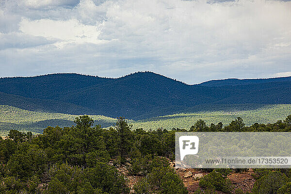 Usa  New Mexico  Pecos  Pecos National Historic Park  Landscape with Sangre de Cristo Mountains and forest
