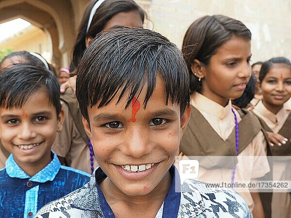 Happy school children  Mehrangarh Fort  Jodhpur  Rajasthan  India  Asia