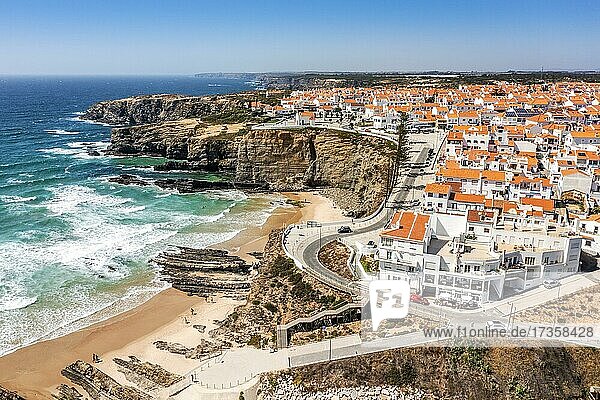 Aerial view of Zambujeira do Mar  a town on cliffs by the Atlantic Ocean in Alentejo  Portugal  Europe