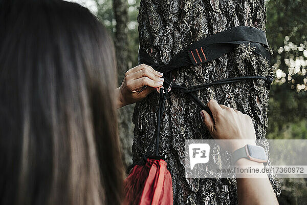 Junge Frau  die im Urlaub ihre Hängematte an einem Baum im Wald befestigt