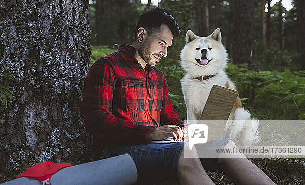 Mid adult man using laptop while sitting with dog at forest