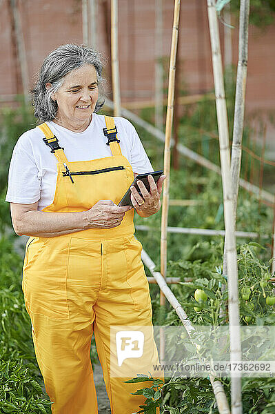 Ältere Frau benutzt digitales Tablet im Garten
