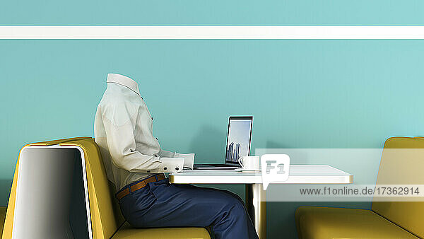 Dreidimensionales Rendering einer unsichtbaren Person  die in einem Café am Laptop arbeitet