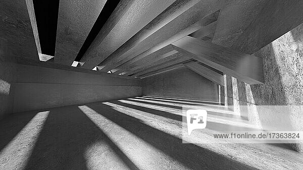 Dreidimensionales Rendering von Licht  das in einen leeren Betonkorridor fällt
