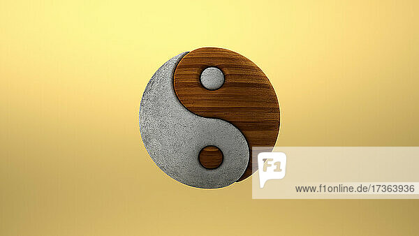 Dreidimensionales Rendering von Yin und Yang Symbol aus Holz und Beton