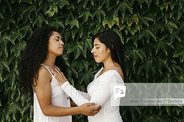 Female friends with eyes closed touching each other by plants