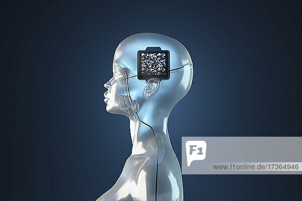 Dreidimensionales Rendering eines Gynoiden mit Computerchip in seinem Kopf