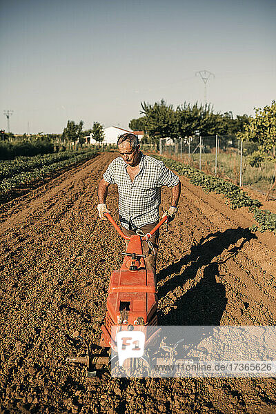 Männlicher Landarbeiter pflügt an einem sonnigen Tag das Land mit einer Egge