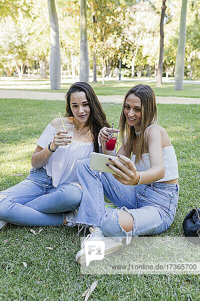 Weibliche Freunde halten Getränke  während sie ein Selfie im Park machen