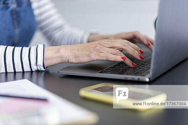 Weibliche Fachkraft tippt auf einem Laptop im Heimbüro