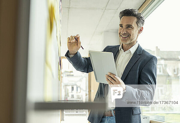 Lächelnder Geschäftsmann mit digitalem Tablet bei der Arbeit im Büro