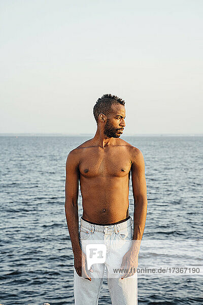 Shirtless man looking away while standing in front of sea