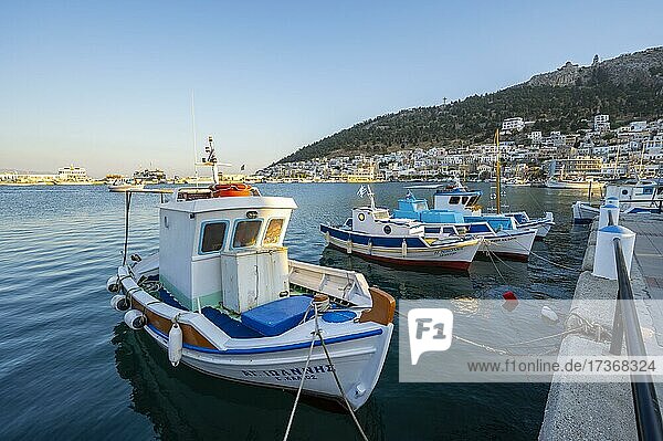 Fishing boats in the harbour of Kalymnos  Dodecanese  Greece  Europe
