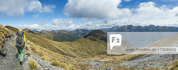 Wanderer auf Wanderweg  Blick auf Berggipfel der Murchison Mountains und Kepler Mountains und Lake Te Anau  Kepler Track  Great Walk  Fiordland National Park  Southland  Neuseeland  Ozeanien