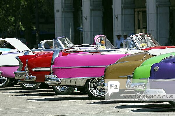Oldtimer, Taxis von hinten in einer Reihe, Heckflosse, Altstadt, Hauptstadt Havanna, Provinz Havanna, Große Antillen, Karibik, Kuba, Mittelamerika