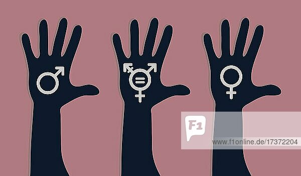 Drei-Arm-Drucke Vektor-Illustration mit männlichen, weiblichen und Transgender-Zeichen. Menschenrechte, Gleichstellungssymbole. Handsilhouetten auf rosa Hintergrund, Geschlechterrechte als Metapher für soziale Fragen