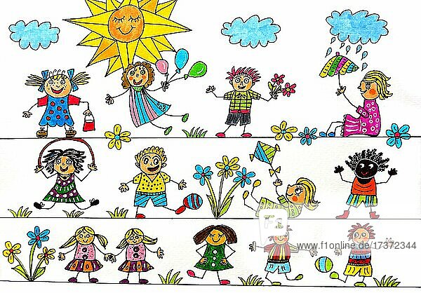 Naive Illustration  Strichmännchen  fröhliche Kinder