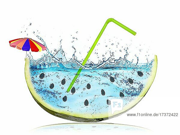 Abstrakte und surreale Wassermelone Scheibe mit Wasser spritzen statt der roten Zellstoff vor weißem Hintergrund. Sommerurlaub Konzept, Reisen, Urlaub und Erholung Symbol. Frische und süße Frucht