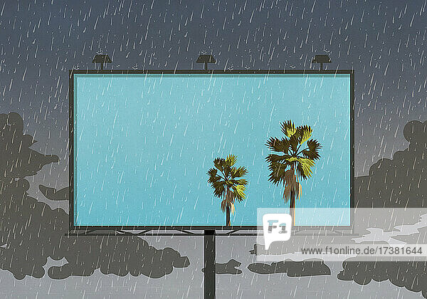 Palmen gegen blauen Himmel auf Plakatwand gegen regnerischen Himmel