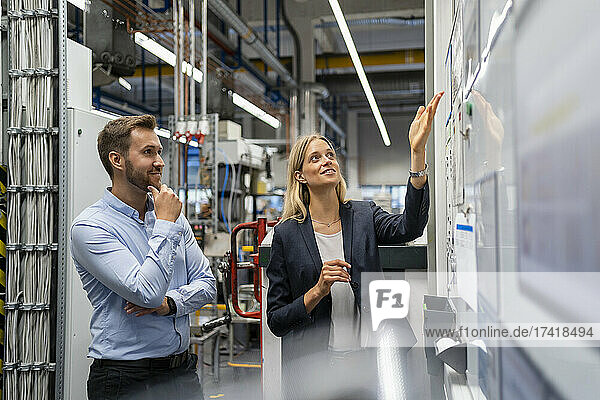 Businesswoman explaining colleague over whiteboard in factory