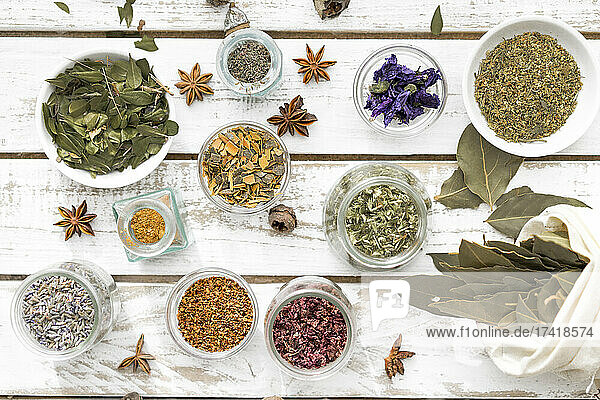 Herbs and spices on table