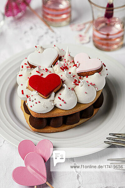 Plate with heart shaped cookie cake