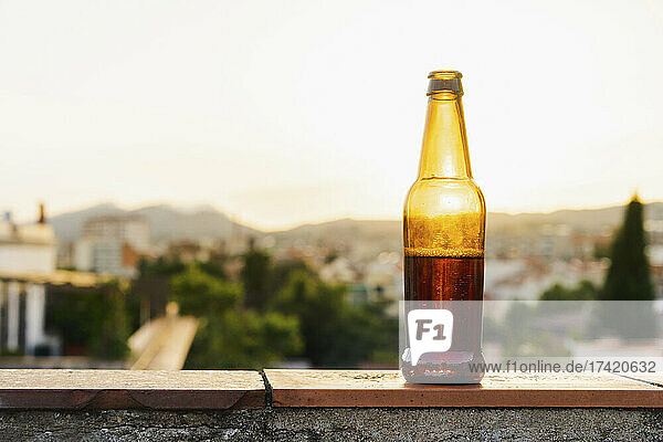 Beer bottle on retaining wall during sunset