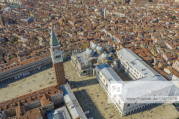 Italy  Veneto  Venice  Aerial view of Piazza San Marco with Doges Palace  Saint Marks Basilica and Saint Marks Campanile