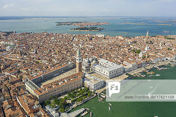 Italy  Veneto  Venice  Aerial view of Piazza San Marco with Doges Palace and Saint Marks Campanile