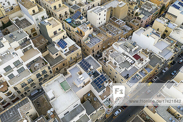 Malta  Northern Region  Mellieha  Aerial view of solar panels on rooftops of city houses