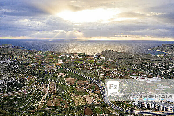 Malta  Northern Region  Mellieha  Aerial view of coastal fields and farms at sunset