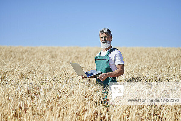 Mature male farmer standing with laptop at wheat field during sunny day