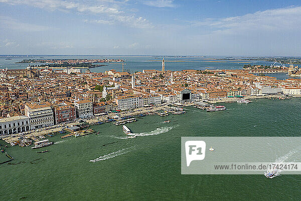 Italy  Veneto  Venice  Aerial view of Riva degli Schiavoni waterfront